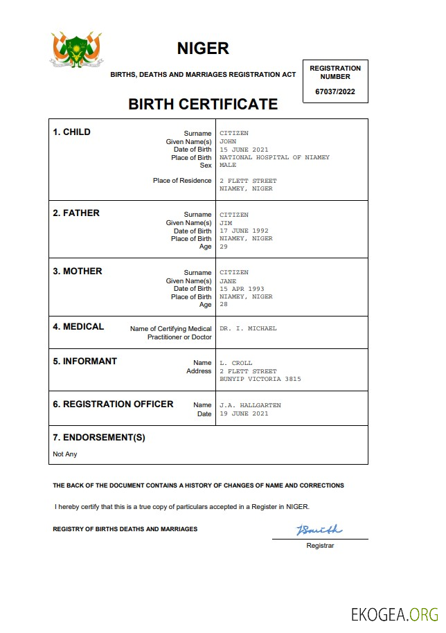 Modèle Word et PDF d'acte de naissance du Niger